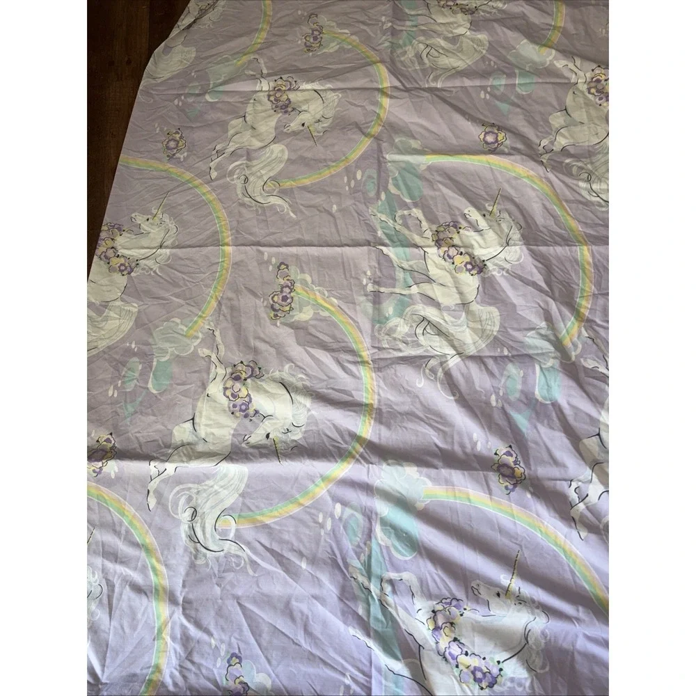 Vintage Bibb Co Unicorn Flat Sheet Full Size 80s Purple Mythical Rainbow Flowers